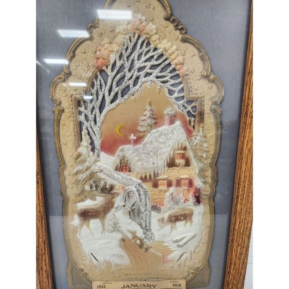 Vintage Embossed 3D Winter Scene Calendar January 1932 Wood Framed 11" x 20" - Picture 4 of 9